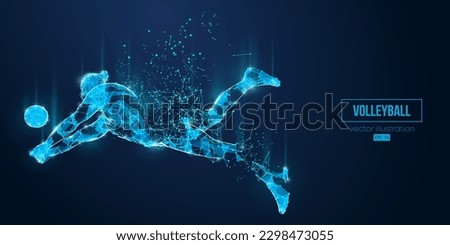Abstract wireframe silhouette of a volleyball player from triangles and particles on blue background. Volleyball player man hits the ball. Vector illustration