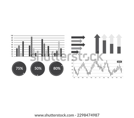 Business data market elements digital bar pie charts diagrams and graphs flat set vector illustration