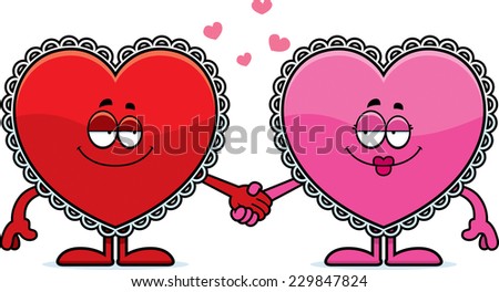 A cartoon illustration of two valentines holding hands.
