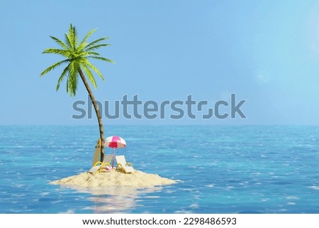 Creative 3d collage summer resort lost island ocean huge palm tree sand beach two sunbed surfboard template isolated on ocean background
