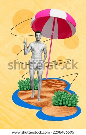 Photo collage artwork minimal picture of cool funky guy walking beach showing v-sign isolated graphical background
