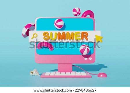 Creative picture 3d render collage of pink modern technology monitor search box travel shopping concept isolated on blue background