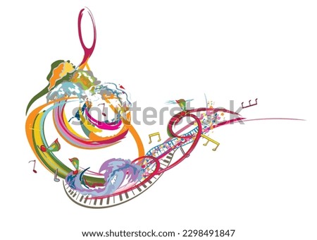 Abstract musical design with a treble clef and colorful splashes, notes and waves.  Colorful treble clef. Hand drawn vector illustration.