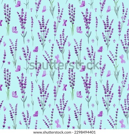 Violet flowers and butterfly. Lavender hand drawing, flower watercolor. Floral seamless pattern, blue wrapper.