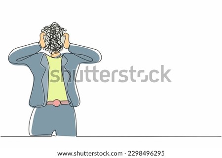 Single continuous line drawing businesswoman with round scribbles instead of a head. Confusion and mess feeling. Stressed woman working in office with problem. One line draw design vector illustration Royalty-Free Stock Photo #2298496295