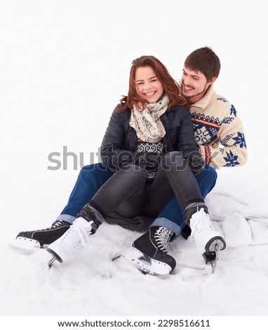 Couple in the snow, ice skating outdoor with happiness and spending quality time together, relax in winter weather. Happy people cuddling, skate on frozen lake and bond in nature with love and care