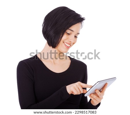 Happy, tablet and woman update social media using internet or online isolated in a studio white background with a smile. Excited, connection and female person typing email or search a website or web