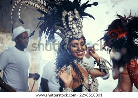 Festival, carnival dancer and woman smile with music and social celebration in Brazil. Mardi gras, dancing and culture event costume with a young female person with happiness from performance