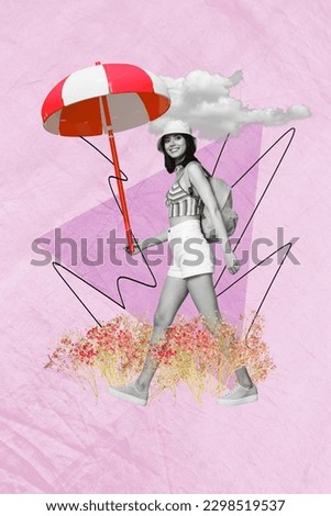 Creative abstract template graphics collage image of happy smiling lady walking under sun parasol isolated colorful background