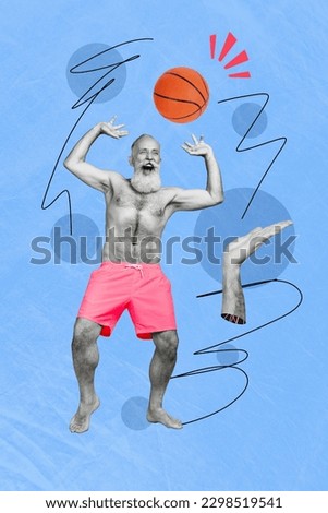 Vertical abstract 3d photo collage of overjoyed energetic man playing basketball on beach isolated on creative blue drawing background