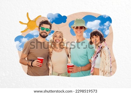 Collage picture of cheerful peaceful people hold plastic drink cup plasticine sun clouds sky isolated on paper white background