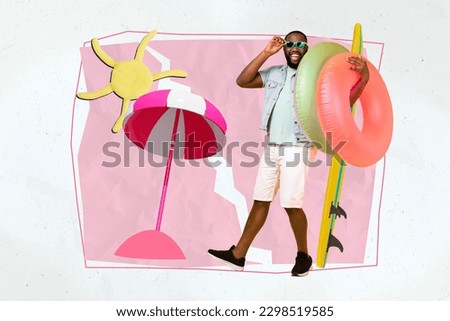 Photo cartoon comics sketch collage picture of excited funky guy coming beach enjoying activities isolated creative background