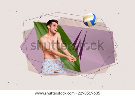 Collage picture of positive carefree guy hands hit play volleyball isolated on drawing creative background