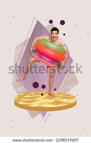 Vertical collage picture of overjoyed positive guy inside pile stack inflatable rings stand sand isolated on drawing background