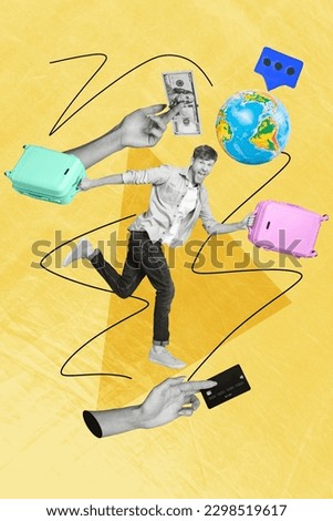 Vertical creative photo collage of positive ecstatic carefree man running hold valise hurry to buy ticket isolated on painted background