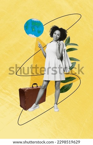 Vertical collage image of black white effect positive girl point finger plasticine planet earth globe retro valise isolated on yellow background