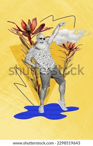 Vertical collage picture of black white gamma grandfather point finger dance stand puddle huge flower isolated on yellow background