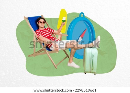Creative collage picture of carefree positive guy sit chaise longue drink cocktail put leg suitcase big ice cream compass isolated on paper background