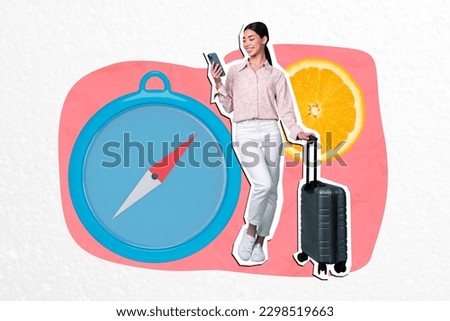 Creative collage of happy mini girl hold suitcase use smart phone huge compass orange fruit slice isolated on paper background
