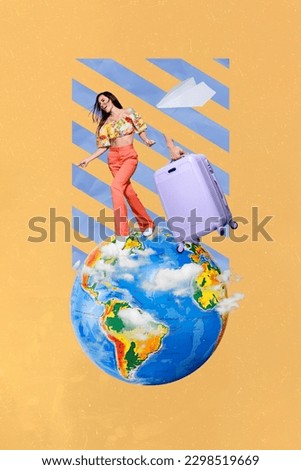 Creative abstract template graphics collage image of funny excited lady hurrying new trip isolated colorful background