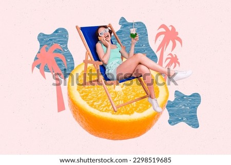 Creative abstract template graphics collage image of smiling lady sunbathing talking device isolated pink color background