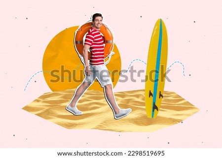 Creative retro 3d magazine collage image of smiling lifeguard working beach isolated pastel pink color background