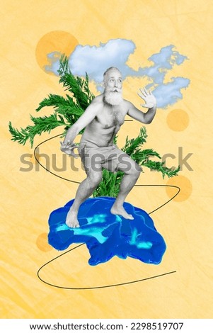 Vertical abstract illustration photo collage of funny funky old man at resort vacation swimming isolated on creative drawing background