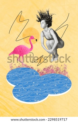 Collage artwork image picture of crazy happy girl celebrate summer weekend jumping pool have fun beige color painting background