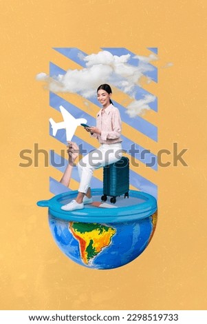 Exclusive magazine picture sketch collage image of happy smiling lady booking next trip isolated creative background