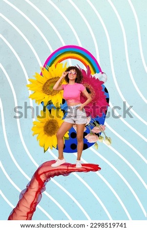 Collage 3d pinup pop retro sketch image of pretty smiling lady enjoying summer flowers isolated teal color background