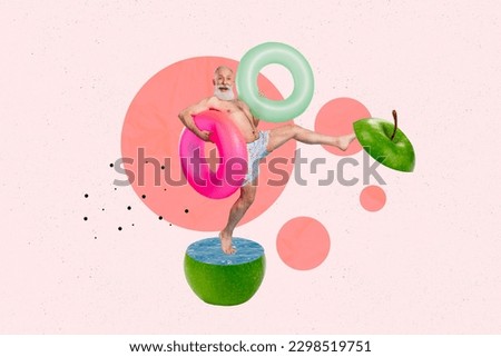Creative collage portrait of overjoyed mini grandfather hold inflatable ring stand big apple fruit water inside isolated on painted background