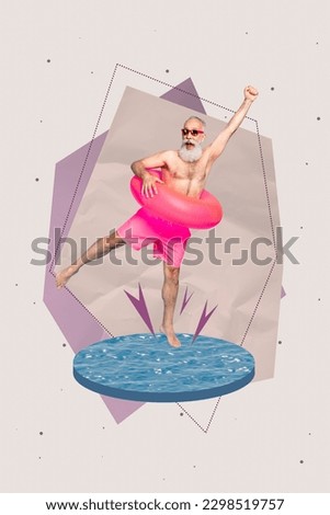 Vertical collage picture of positive excited grandfather inflatable ring jump water ring isolated on paper creative background