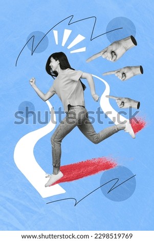 Vertical 3d blue color image collage picture of cheerful smiling girl running away from people social opinion isolated drawing background