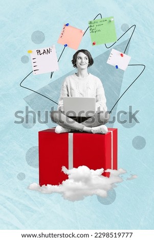 Vertical illustration creative photo collage of young woman sitting on platform with laptop write plane isolated on painted background