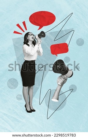 Vertical 3d pinup pop image collage picture of happy positive girl agent manager promoting shopping sale isolated drawing background Royalty-Free Stock Photo #2298519783
