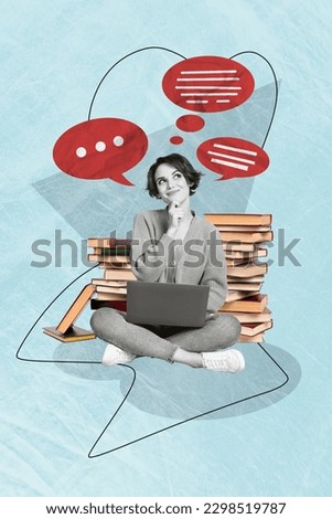 Vertical abstract creative photo collage of intelligent minded girl thinking hold laptop at remote learning isolated on painted background