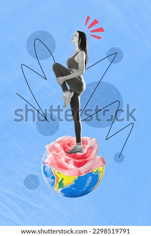 Collage artwork image picture poster of sportive charming woman stand miniature globe warming up doing exercise isolated drawing background