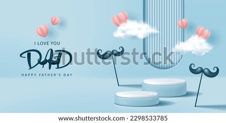 Father's day banner for product demonstration. Blue pedestal or podium with mustache, cloud and flying hearts on blue background. Royalty-Free Stock Photo #2298533785