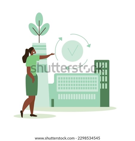 Vector illustration of a factory or factory in flat style. Illustration on the theme of environmental pollution. Environmentally friendly production in the factory without environmental pollution.