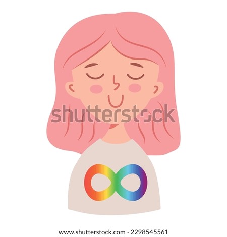 Cute girl with Neurodiversity symbol icon - vector rainbow gradient infinity sign. clip art character for poster, banner, greeting card design. autism awareness.