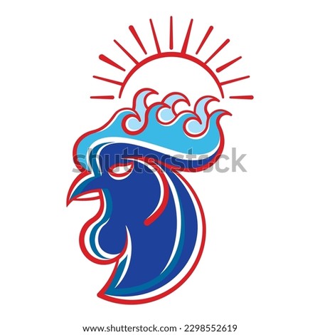 This vector logo design, rooster and morning sunrise ocean wave. Good desain suitable for food or travel agency. The beautiful scenery is in the morning, like the sound of a rooster crowing. 