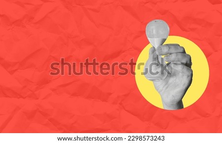 Art collage, creative collage image of a hand holding sand clock timer inflation savings reduction crisis. Red paper background with space for advertising.