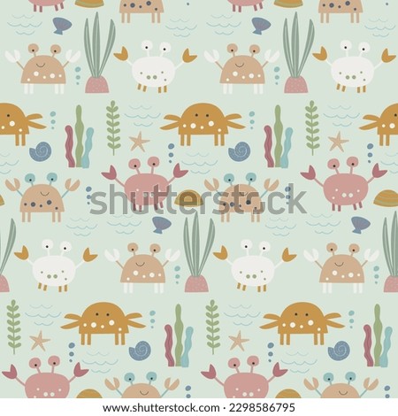 A cute seamless pattern featuring sweet colourful crabs with additional seaweed and other ocean elements.
Set on a pale blue ocean background.
Perfect for kids textiles and wallpaper.