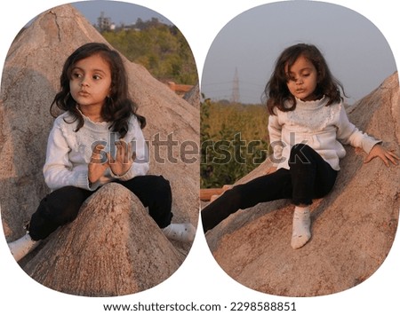 Kid playing outdoor in park with selective subject of blur background. Different style of face in frame filter effect on portrait camera photo.