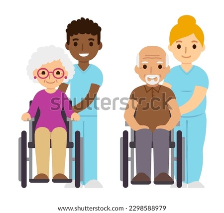 Cute cartoon senior people in wheelchairs. Elderly man and woman nurse assistance. Nursing home or hospital care. Vector clip art illustration.