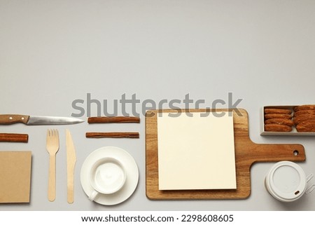 Mockup flat lay with cooking accessories, recipe concept, on light gray background