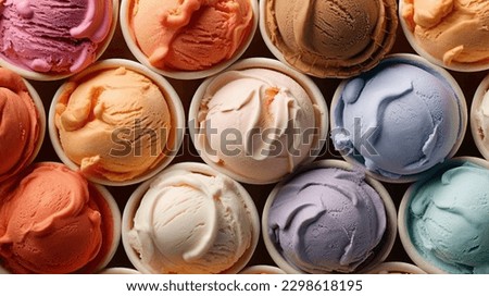 Various of ice cream flavor in cones blueberry ,strawberry ,pistachio ,almond ,orange and cherry setup on dark stone background . Summer and Sweet menu concept. Royalty-Free Stock Photo #2298618195