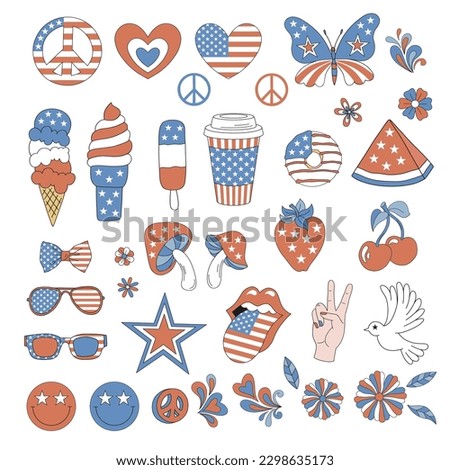 Hippy groovy 4th of July vector clip-art set isolated on white. American ice cream, butterfly, peace sign, peace hand gesture, coffee, donut, florals, glasses, heart, lips, fruits illustration Royalty-Free Stock Photo #2298635173