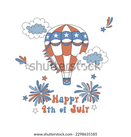 American national flag colores hot balloon fly in the sky with fireworks vector illustration. Patriotic USA Independence Day pre-made card print design.