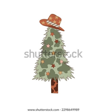 Cowboy Christmas tree illustration isolated on white. Western Christmassy spruce clip art . Howdy Xmas festive fir-tree design element. 